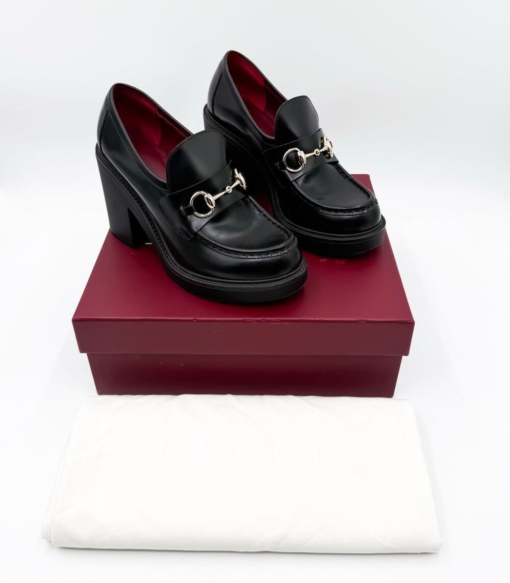 Gucci Platform Horsebit Loafers Black Leather Chunky Heel Pumps EU 38.5 US 8.5